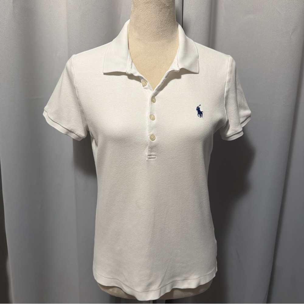 Ralph Lauren White Polo Shirt with Navy Logo 100% Cotton Preppy Casual